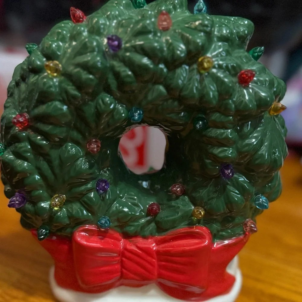 Festive Green Holiday Wreath with Red Bow Lights light up